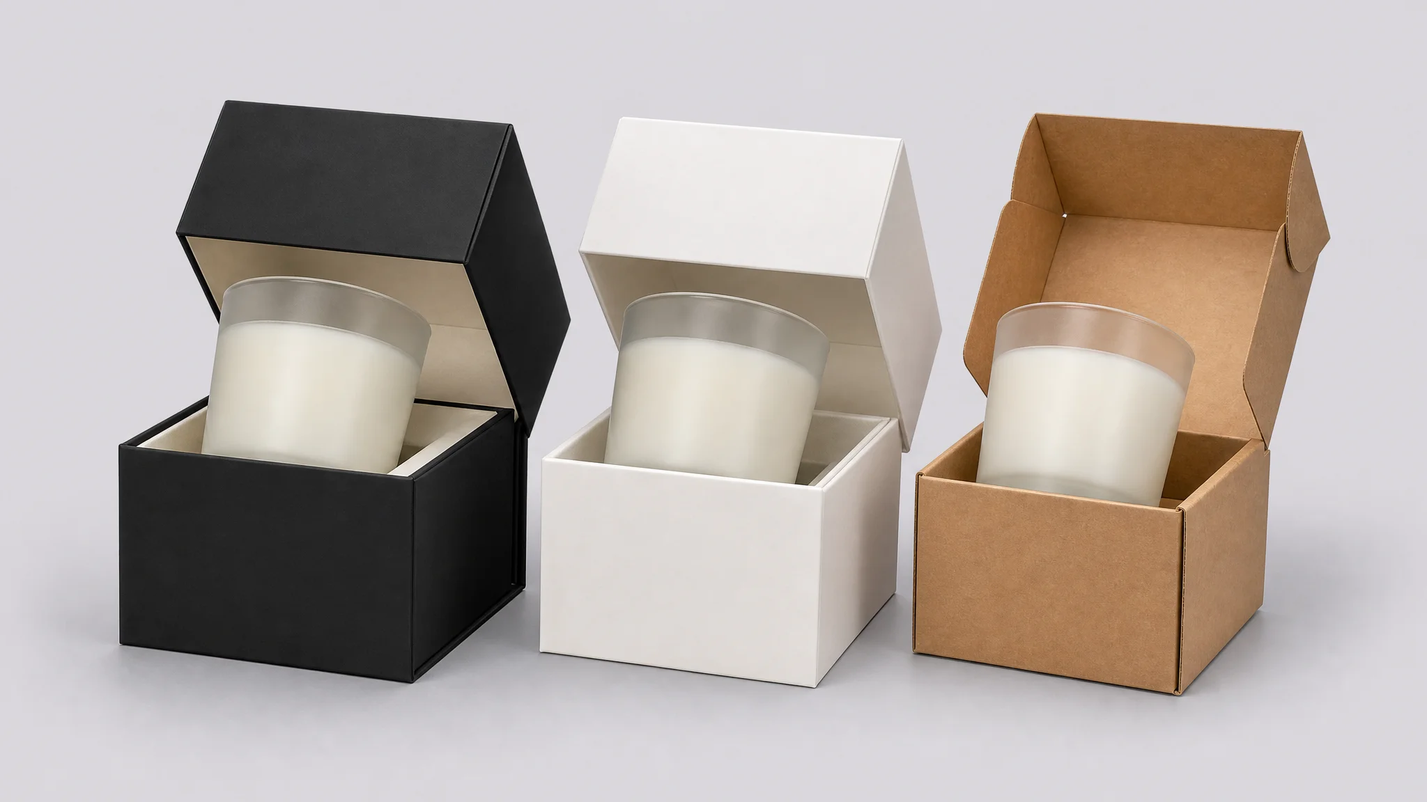 Luxury candle boxes in rigid, folding carton and kraft builds with candles partly lifted out